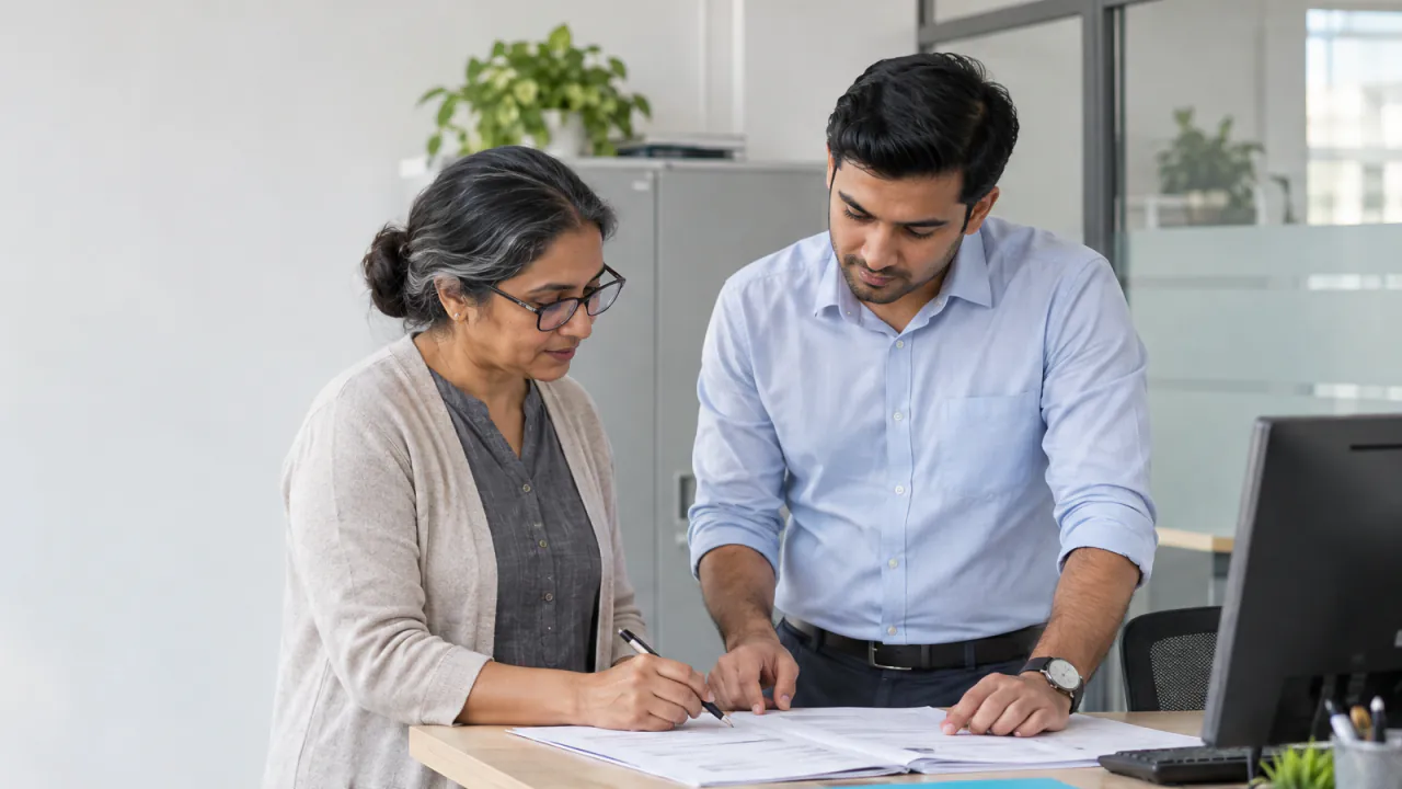 A college placement officer and a colleague review a printed student list together at a standing desk.