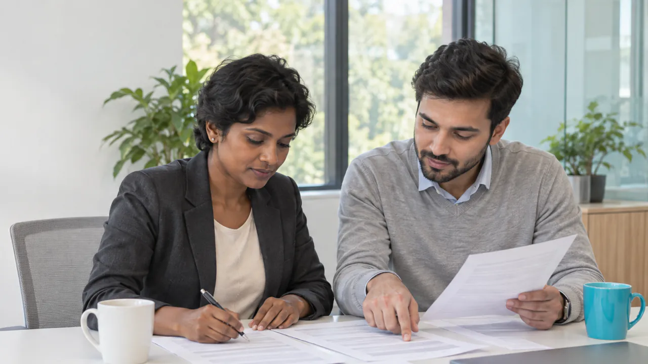 Two recruiters compare printed candidate profiles at a meeting-room table.