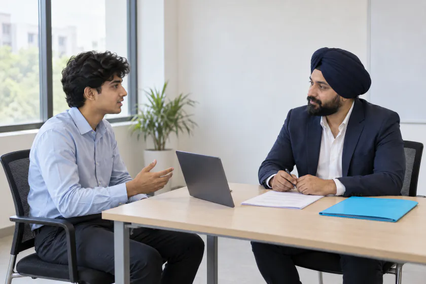 A recruiter listens as a final-year student explains a project during a campus interview.